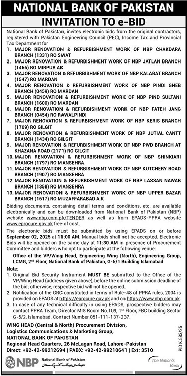 National Bank of Pakistan Lahore Tender Notice